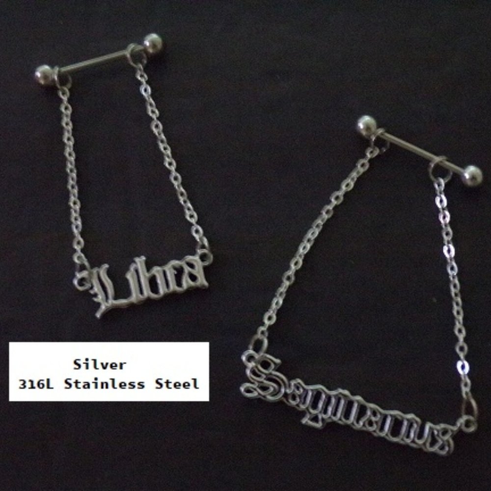 Silver ~ Zodiac Nipple Piercing Dangle Chain Ring / Bar / Shield